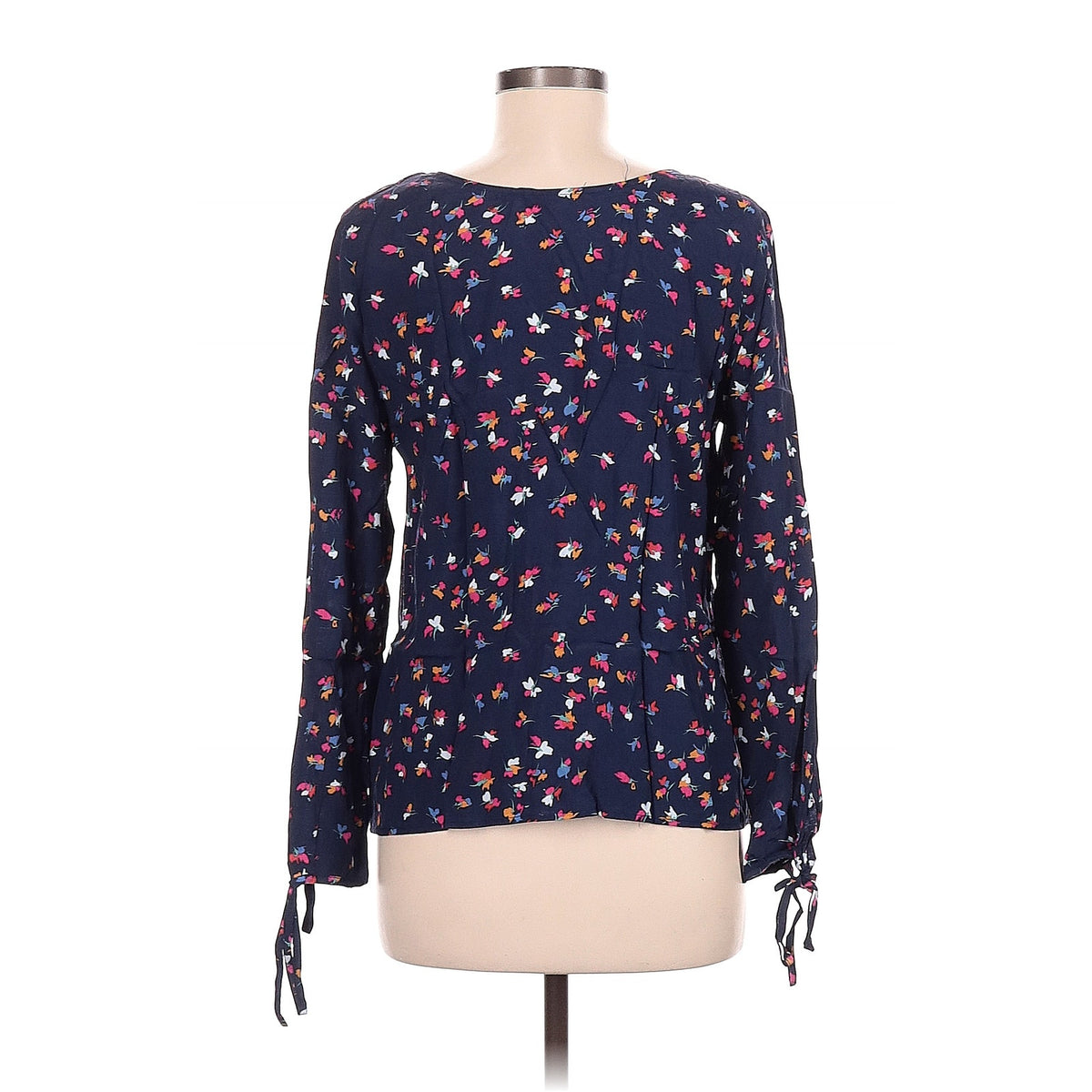 FRNCH Long Sleeve Blouse Medium Women Shirt Top Floral Blue Scoop Neck Wrist Tie