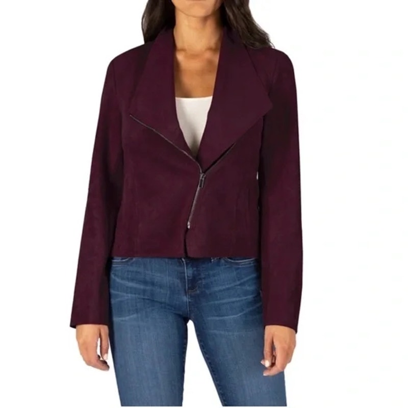 KUT Karina Moto Zip Front Draped Faux Suede Jacket Sz Extra Small in Wine NWT