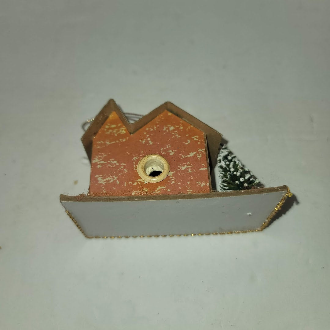Vintage  Christmas Putz house Cardboard Mica Brown House with tree Ornament