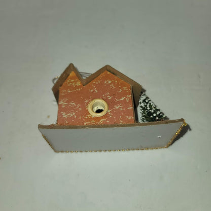 Vintage  Christmas Putz house Cardboard Mica Brown House with tree Ornament