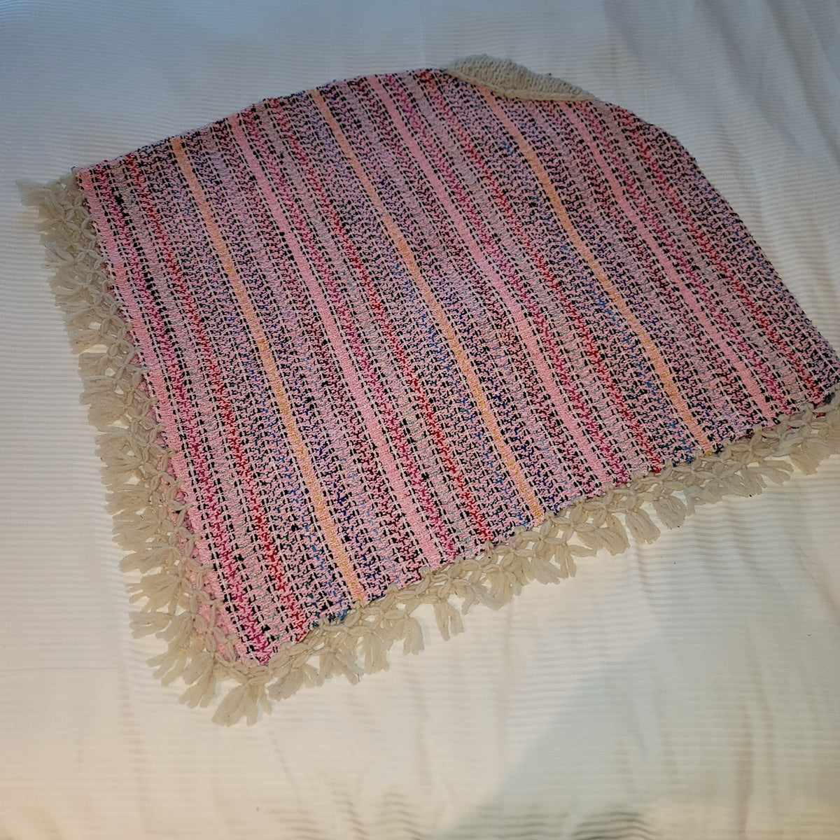 Handmade heavy poncho fringe wood button Winter One Size Multicolor Wool Cotton