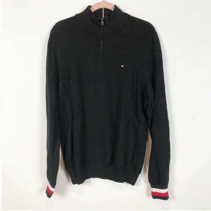 Tommy Hilfiger 1/4 Zip Pullover Sweater Knit NEW X Large XL Black Red White Band