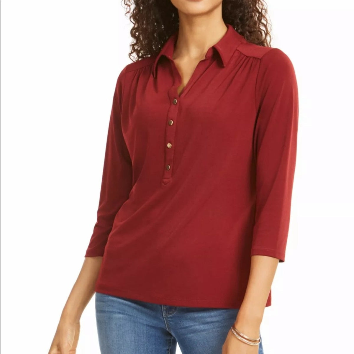 Charter Club Maroon Collared 3/4 Sleeve Casual Top Medium New 1/4 Zip Blouse