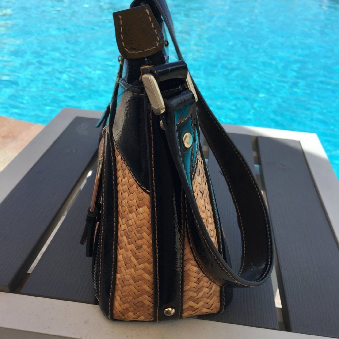 Etienne Wicker Purse HandBag Pocket Zip Shoulder bag Black Patent Leather