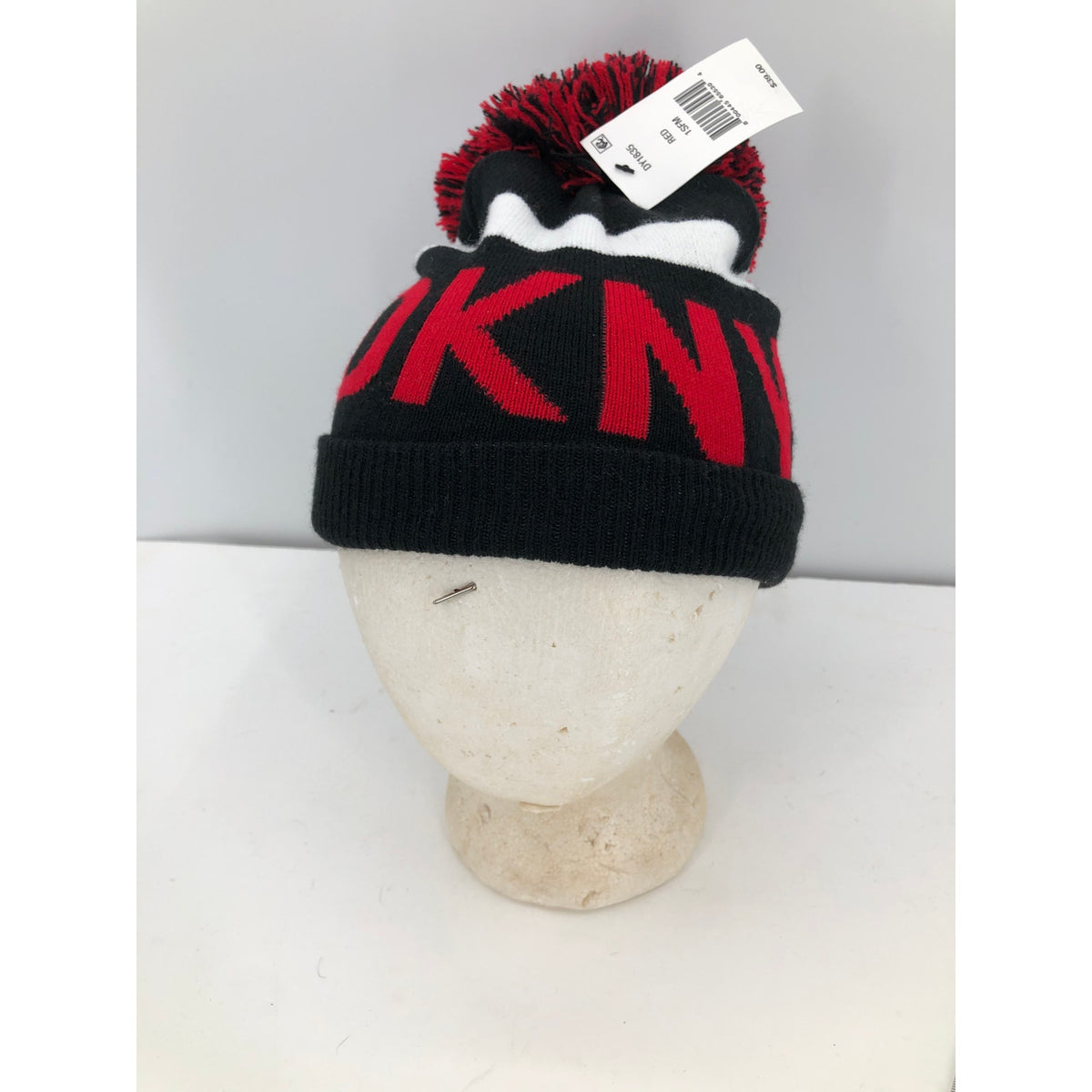 DKNY Women's Logo Stadium Beanie With PomPom Red/black hat Warmer