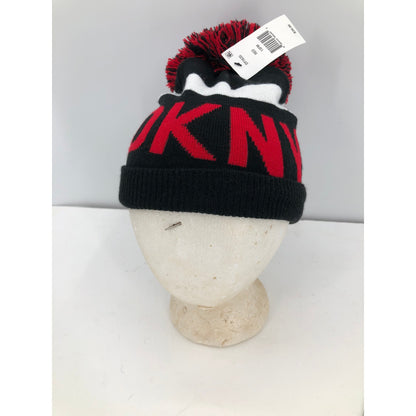 DKNY Women's Logo Stadium Beanie With PomPom Red/black hat Warmer