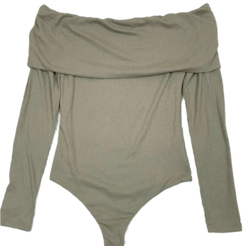 AFRM Off Shoulder Long Sleeve Cowl Neck BodySuit Sz Small in Brindle Green NWT