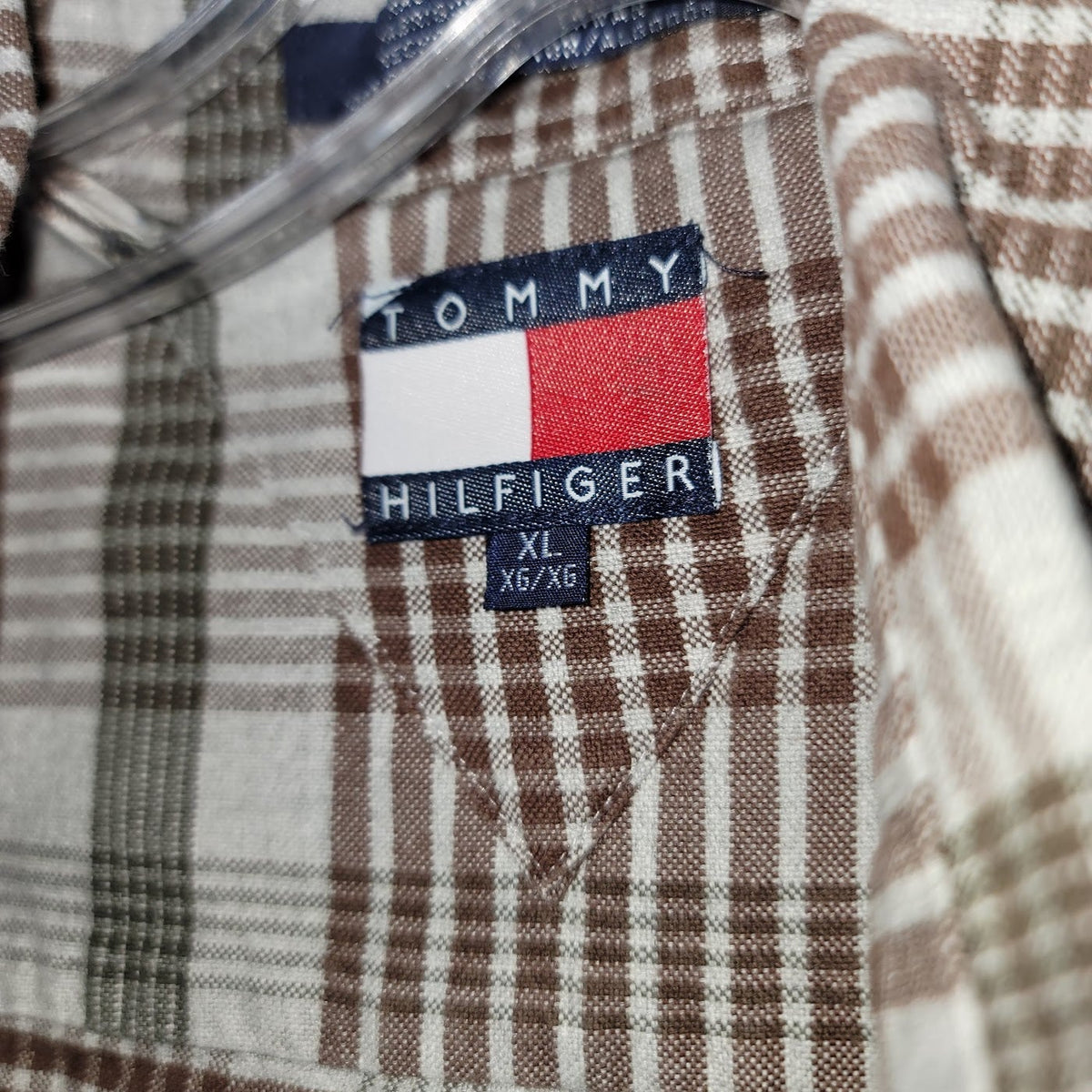 Tommy Hilfiger XL Long Sleeve Shirt Brown Plaid Button Up collar western country