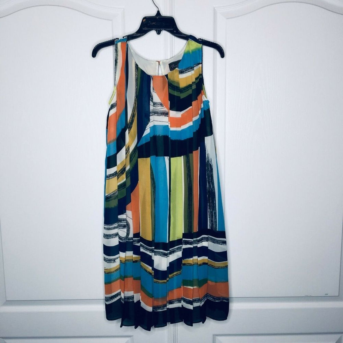 Trulli Sheer Overlay Pleated Sleeveless Shift Dress Multicolor Striped Size 6
