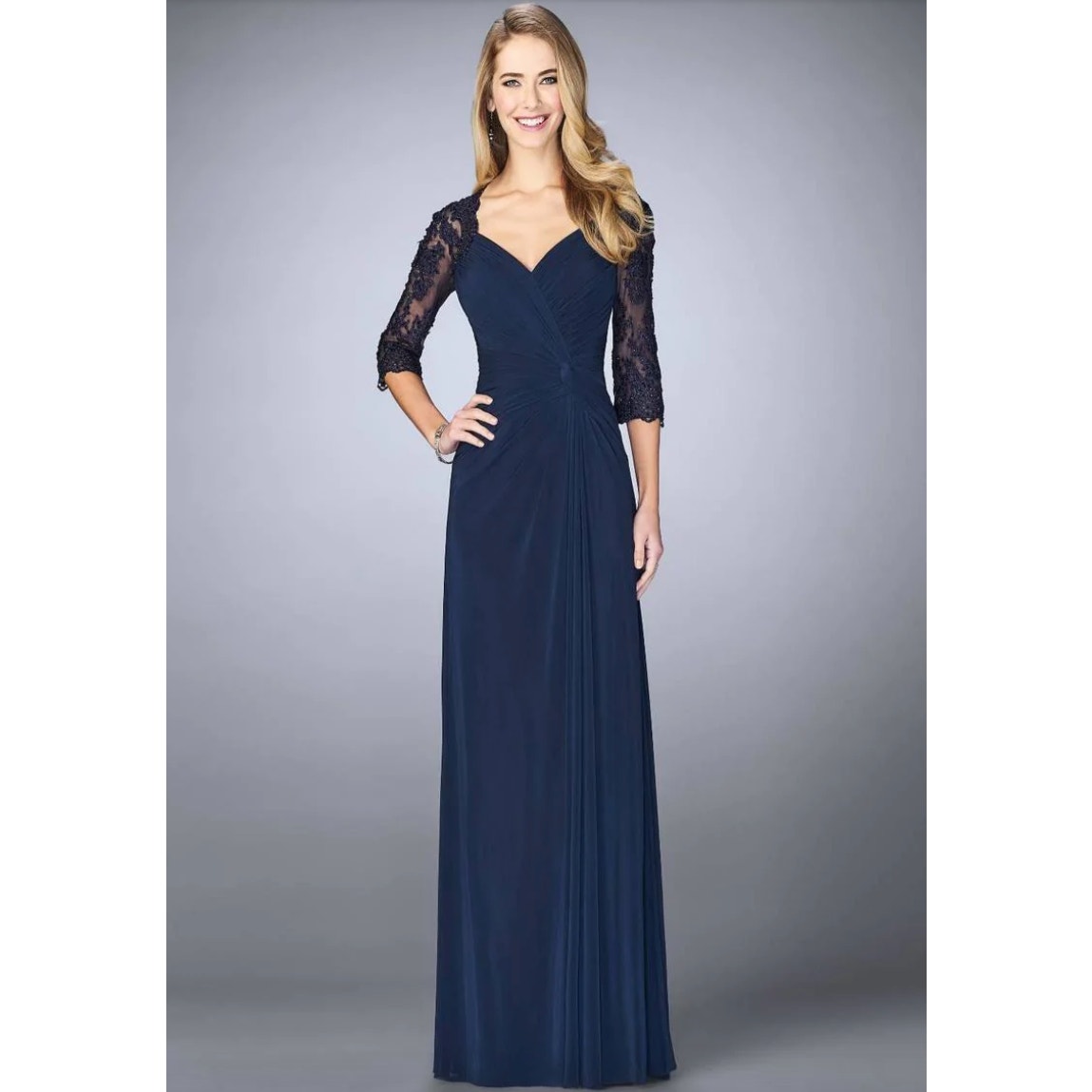 La Femme  Navy Ruched V-Neck Column Dress Gown Size 6 Formal 3/4 Sleeve Wedding