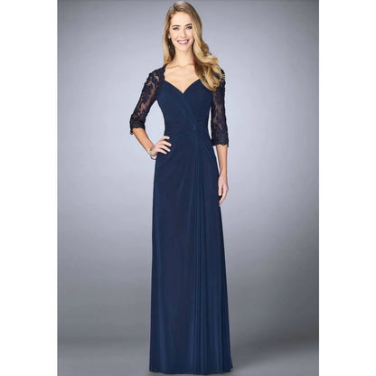 La Femme  Navy Ruched V-Neck Column Dress Gown Size 6 Formal 3/4 Sleeve Wedding