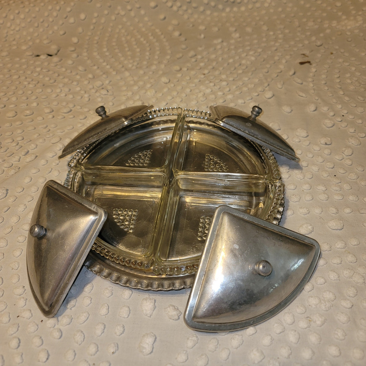 Vintage Aluminum tray 4 Glass compartments Server Vanity Jewelry storage Relish