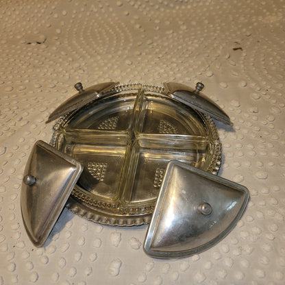 Vintage Aluminum tray 4 Glass compartments Server Vanity Jewelry storage Relish