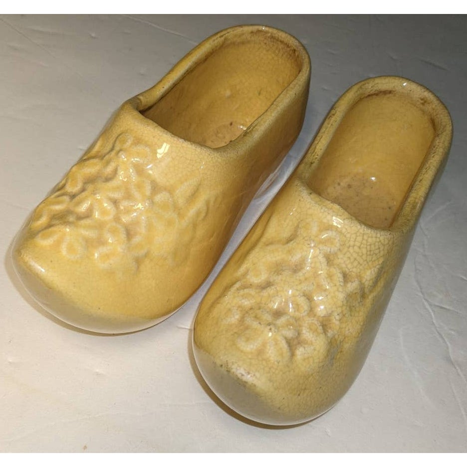 McCoy Mold Yellow Ceramic Clog Planters set 2 Dutch Shoes Cracked Glaze kitschy