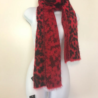 DKNY $48 Fuzzy Animal Print Red Scarf Black 63" x  12" cheetah NEW wrap