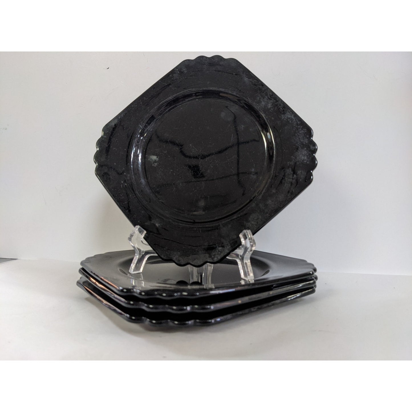 Fostoria Mayfair Black Amethyst Set 4 small glass plates 7" x 7" Bread Luncheon