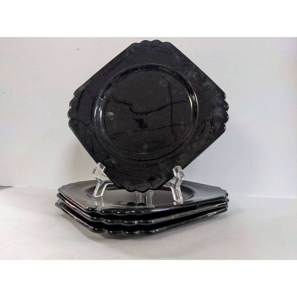 Fostoria Mayfair Black Amethyst Set 4 small glass plates 7" x 7" Bread Luncheon