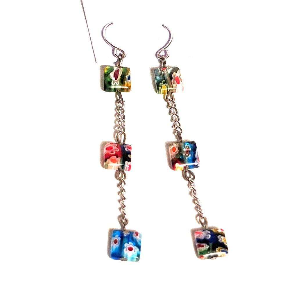 Vintage handmade Jewelry Dangle Earring Chain 3 Square Glass Millefiori Beads