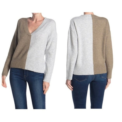 Sweet Romeo V-Neck Color Block Sweater Large Latte Heather Grey NEW Pullover