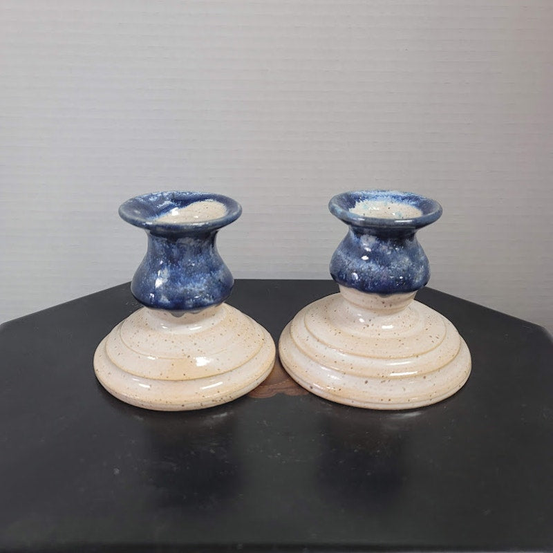 Vintage Handmade Blue Drip Glaze Candlestick Holders – Set of 2