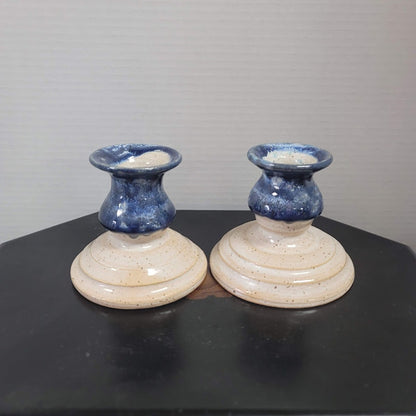 Vintage Handmade Blue Drip Glaze Candlestick Holders – Set of 2