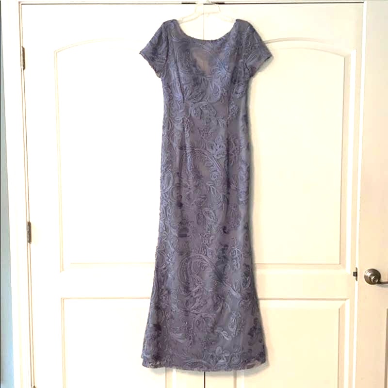 Js Collections Blue Gray Size 4 Formal Dress short sleeve Embroidery Overlay