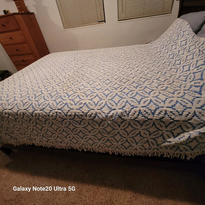 Vintage blue white chenille Bedspread coverlet queen fringe 90" x 100"