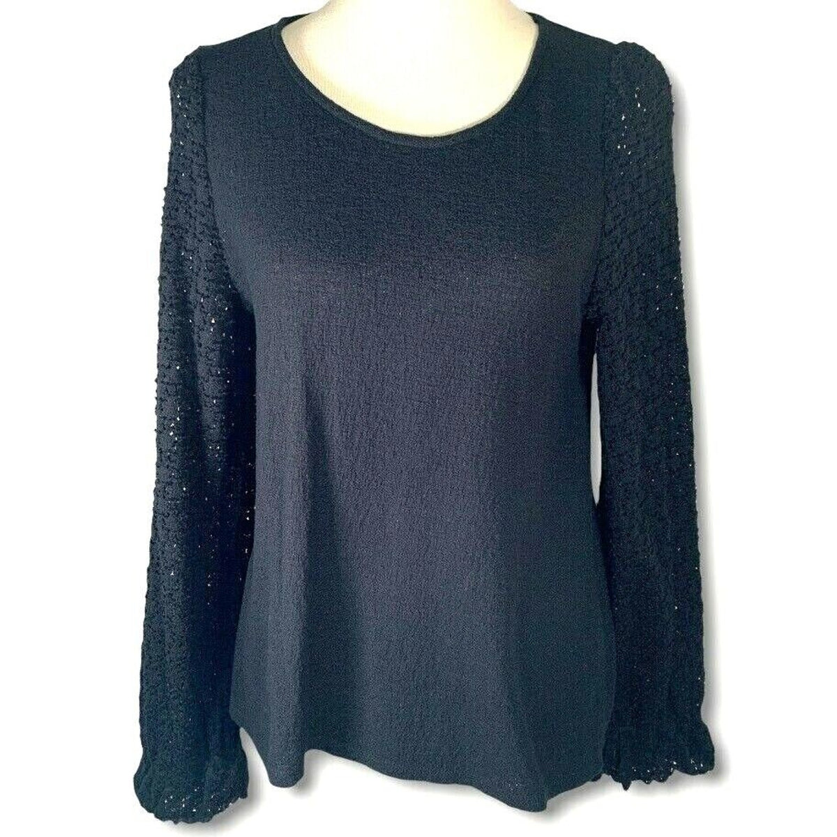 Madewell Long Crochet Textured Sleeves Cotton Knit Top Womens Small Black NWT