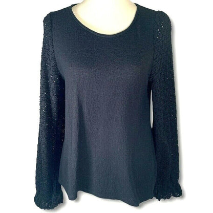 Madewell Long Crochet Textured Sleeves Cotton Knit Top Womens Small Black NWT