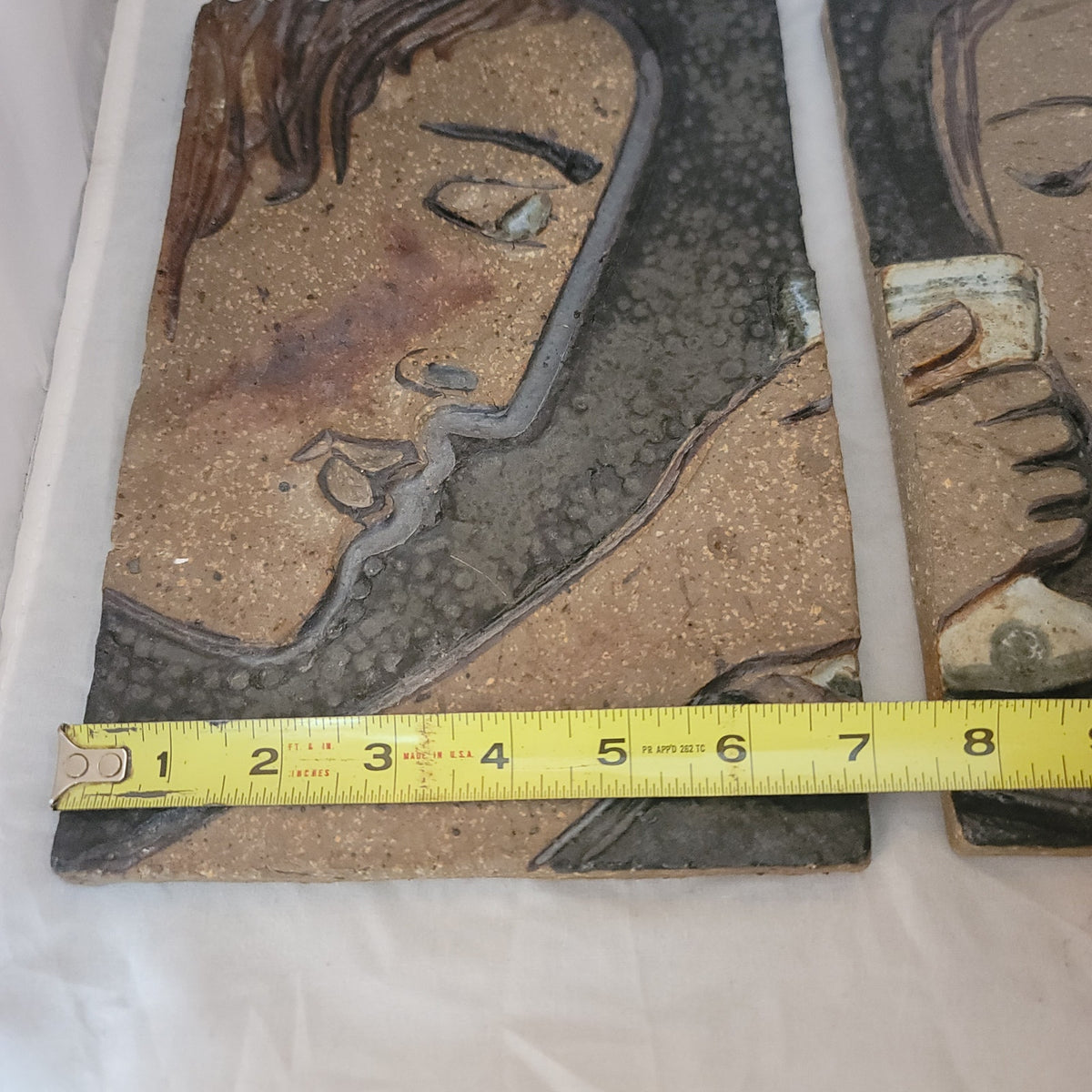 Art Pottery Glaze Couple pair Clay Relief Wall Tile Plaques Male female toasting