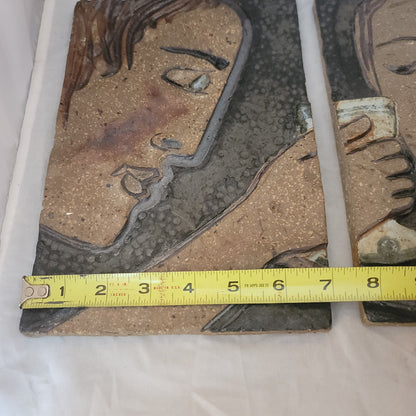 Art Pottery Glaze Couple pair Clay Relief Wall Tile Plaques Male female toasting