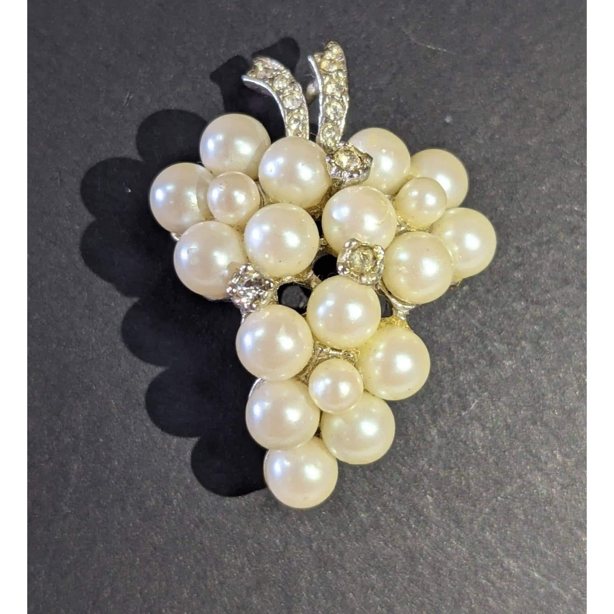 Vintage Grapevine Bunch Faux Pearls Pin Silvertone Rhinestones Brooch