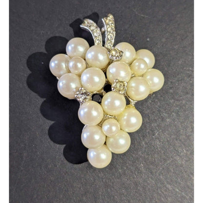 Vintage Grapevine Bunch Faux Pearls Pin Silvertone Rhinestones Brooch