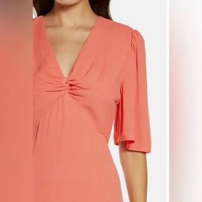 Chelsea 28 Twist Front Midi Dress Large Coral Rose NEW V-Neck Flutter Sleeves