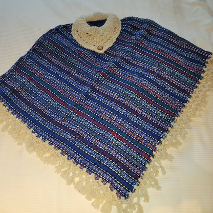 Handmade heavy poncho fringe wood button Winter One Size Multicolor Wool Cotton