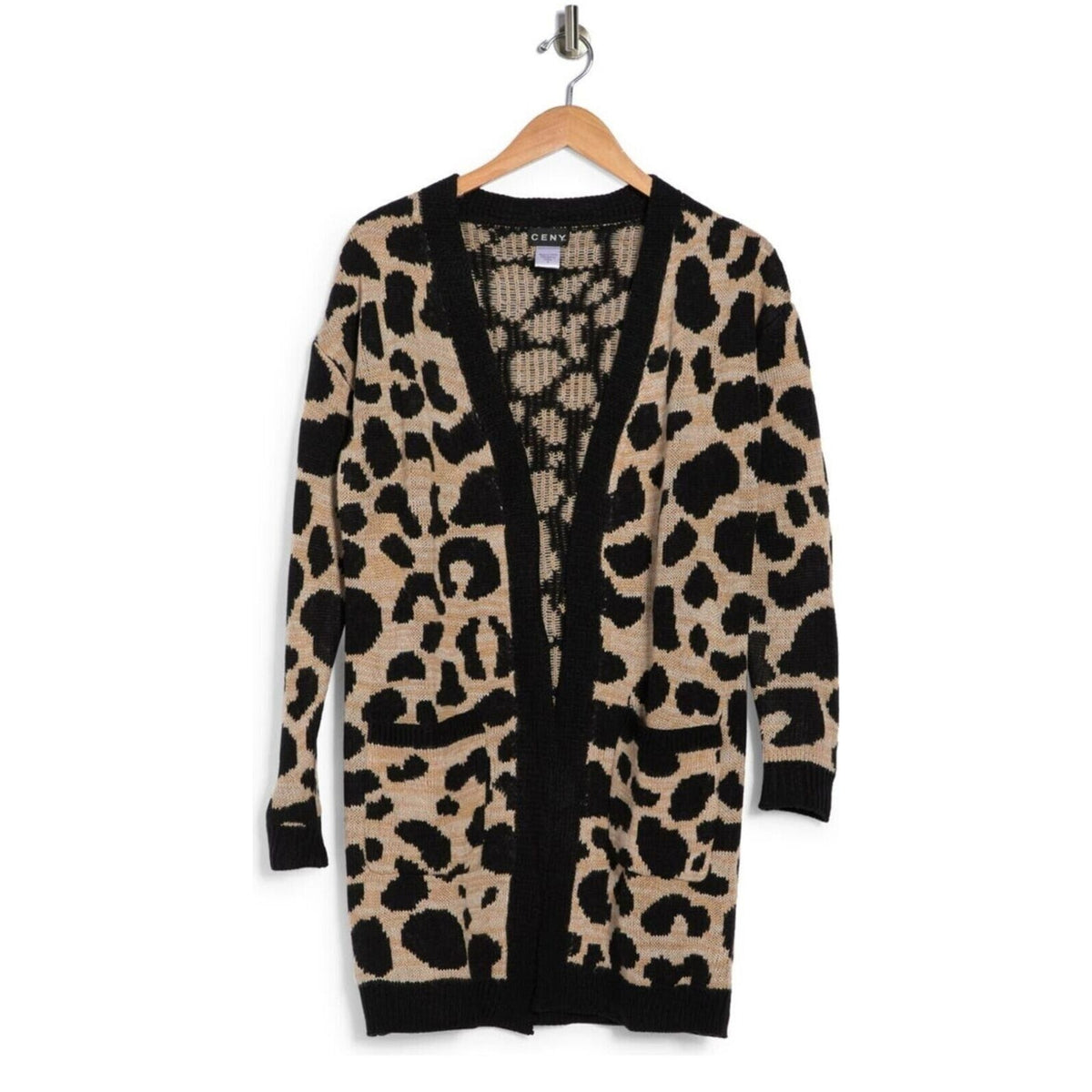 Ceny Black & Oatmeal Open Front Cardigan Small NWT Animal Print Leopard Sweater