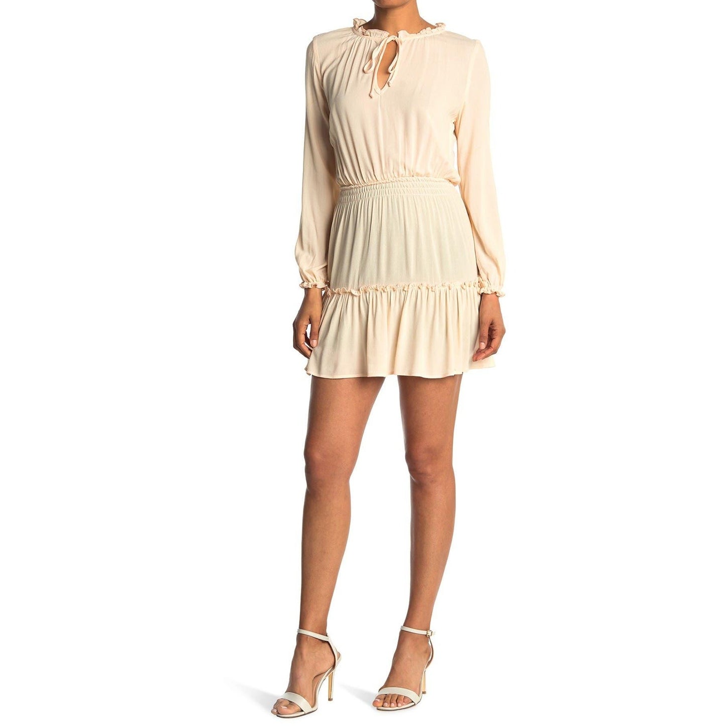 Kenedik Women's Keyhole Long Sleeve Smocked Dress Peach 100% Rayon Large