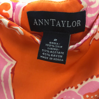 Ann Taylor Floral Print Knee Length Pencil Skirt Silk Orange Pink 2