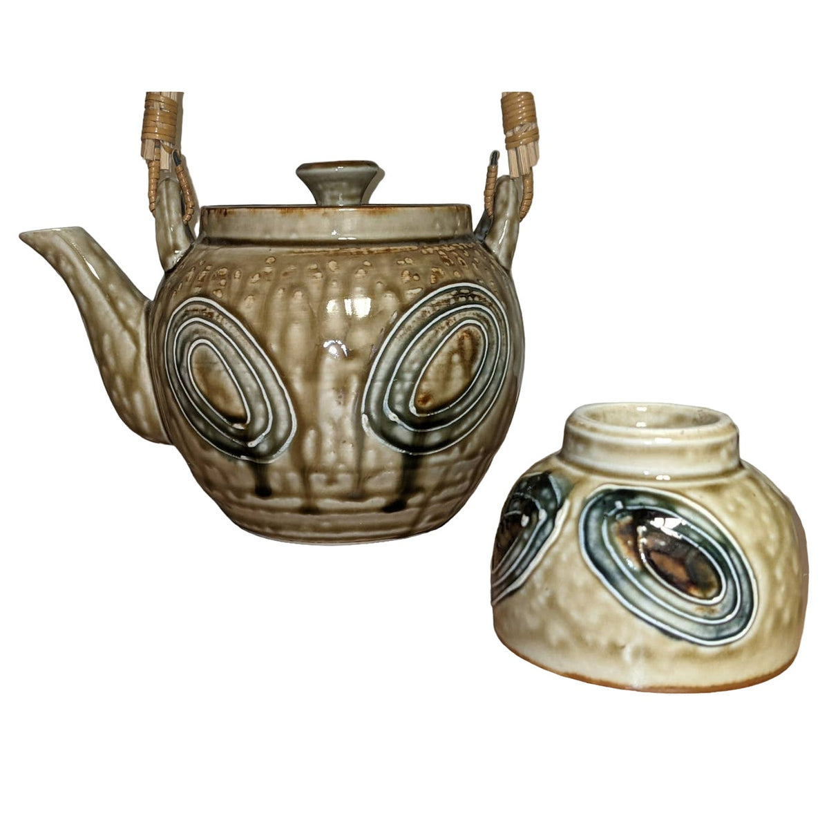 Vintage Japanese Drip Stoneware Teapot with Six Tea Bowl Chawan Ceremony Pottery