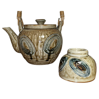 Vintage Japanese Drip Stoneware Teapot with Six Tea Bowl Chawan Ceremony Pottery