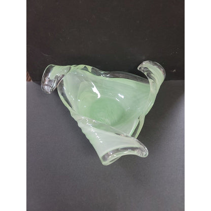 MURANO Hand Blown Art Glass CONSOLE FRUIT Bowl Green & White Swirl FREEFORM
