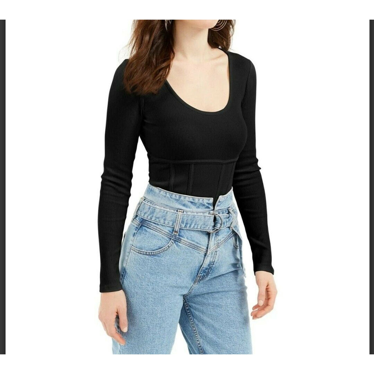 Guess MEDium LAYERS Charlie Ribbed Scoop Neck Top Shirt Black form fitted NEW