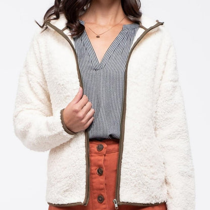 Blu Pepper Faux Shearling Teddy Hooded Jacket Full Zip Ivory SMALL SOFT pockets