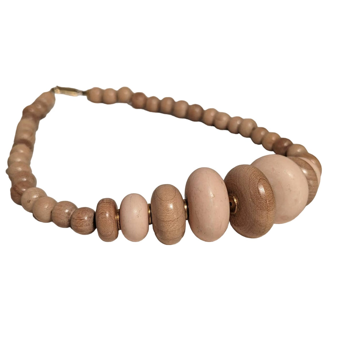 Vintage Pale Carved wood Bead Necklace Jewelry Light Browns Statement Piece