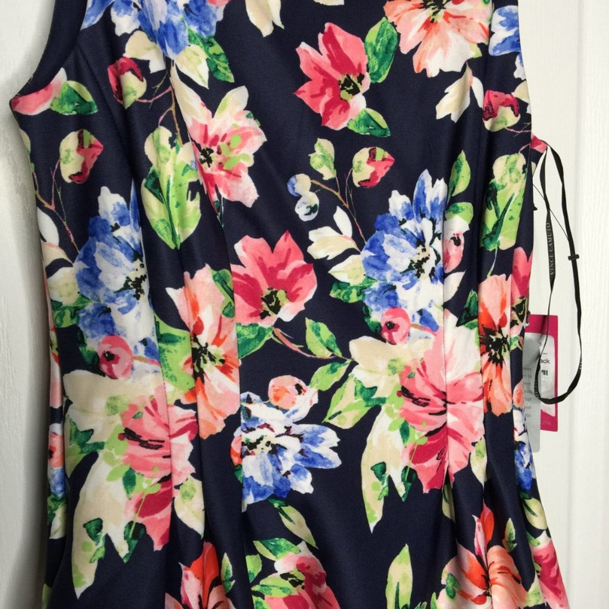 Vince Camuto Fit & Flare Dress Sleeveless Back Zip Floral Print Navy Scuba 8 NEW