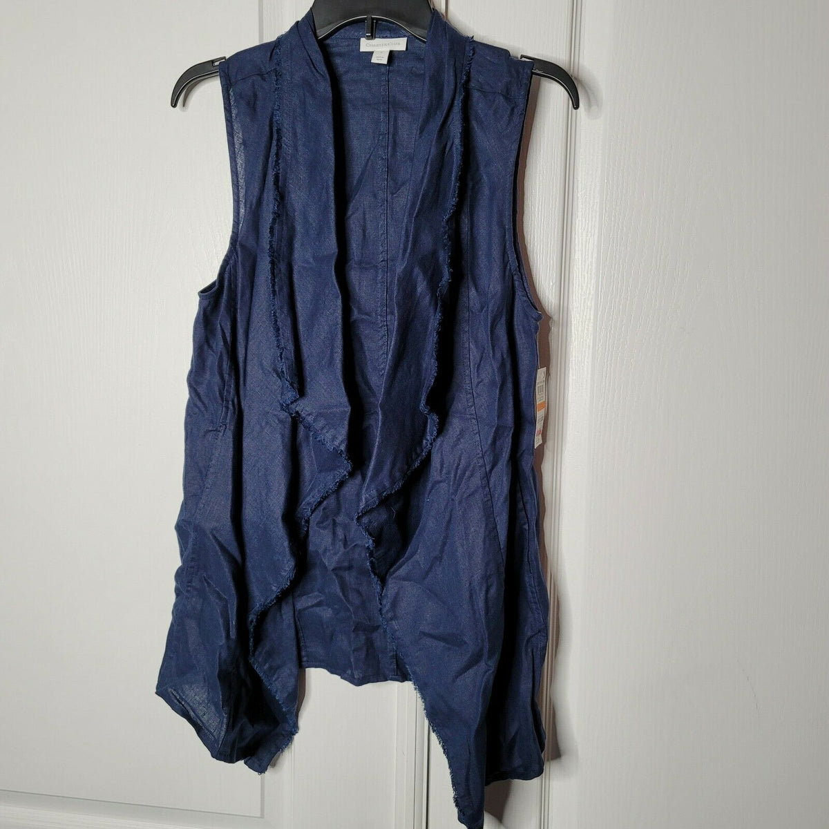 Charter Club Draped Vest Frayed-Trim Sleeveless Linen Blue Medium Pockets