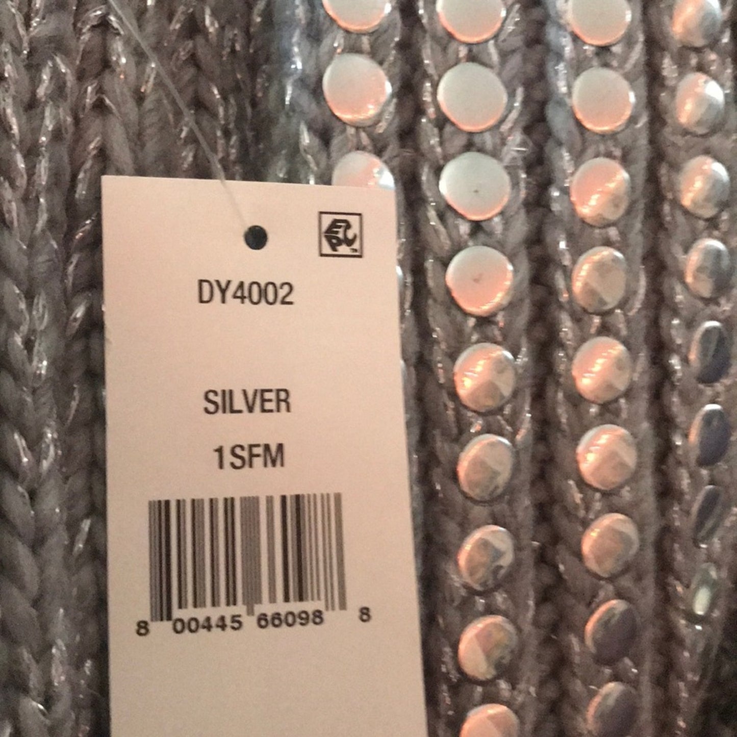 DKNY Flat-Stud Metallic Rib Knit Scarf Grey Silver 14x82 Wrap Shawl Chunky NEW