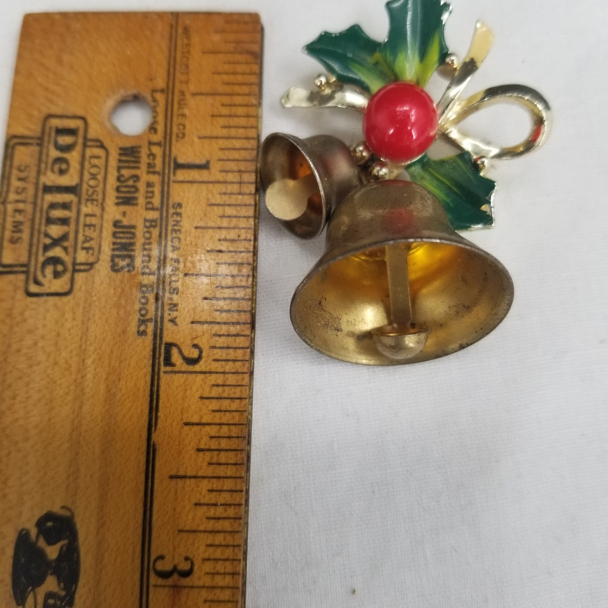 Vintage Christmas Bells Holly Brooch Enamel Metal Pin Working Jingle