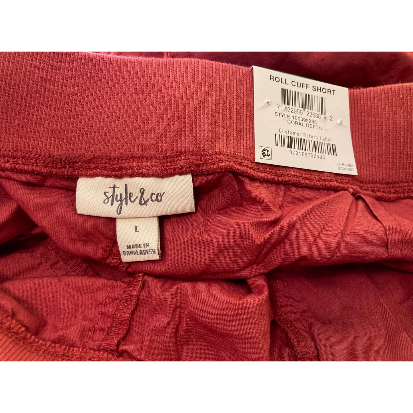 Style&co. Tie Waist Self-Cuff Hem Zip Bermuda Shorts Size Large Coral Depth NWT