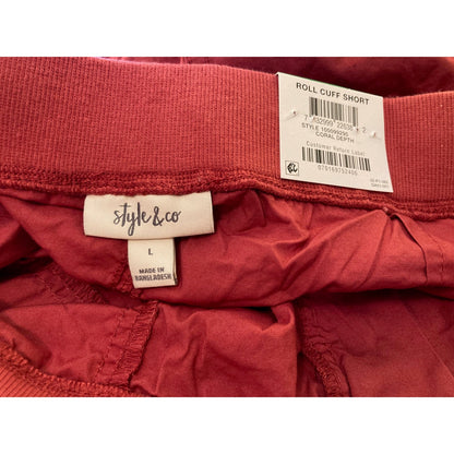Style&co. Tie Waist Self-Cuff Hem Zip Bermuda Shorts Size Large Coral Depth NWT